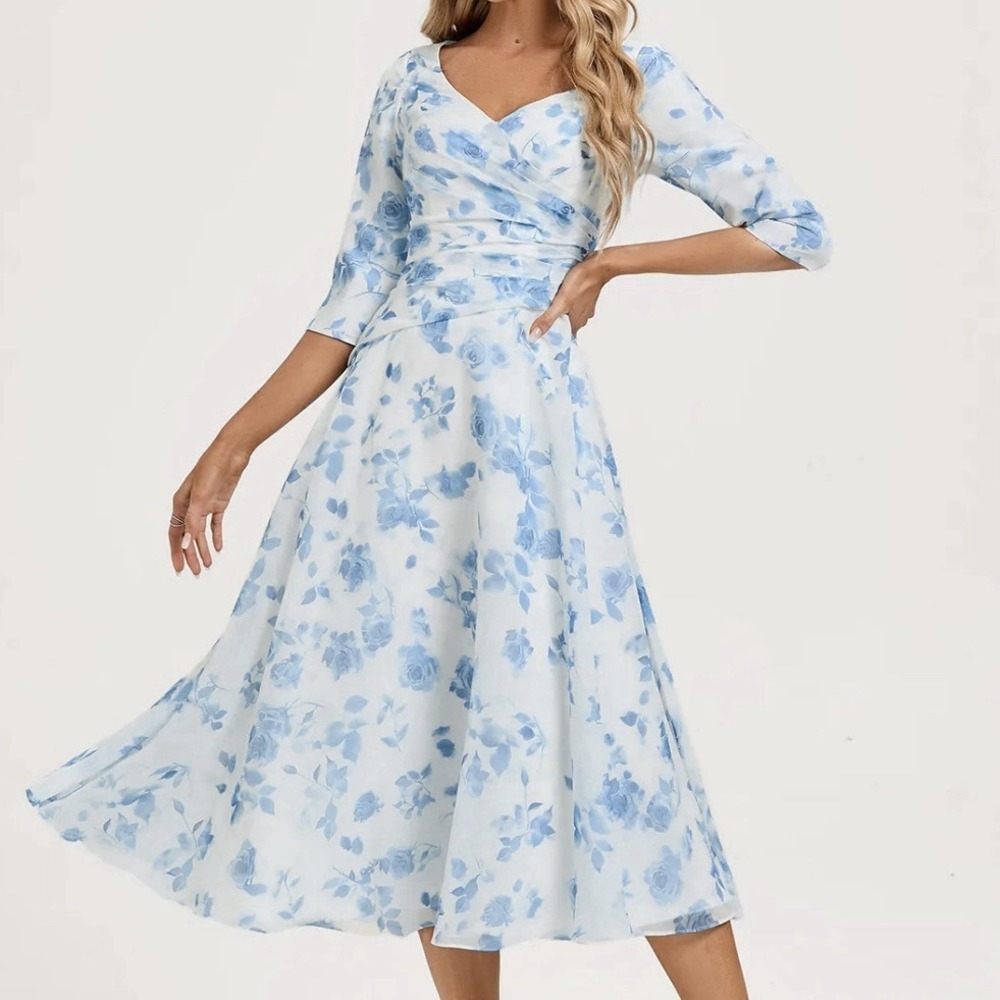 JJ's House A-Line Pleated Chiffon Dress Size US 10 -Anahita White/Blue Floral